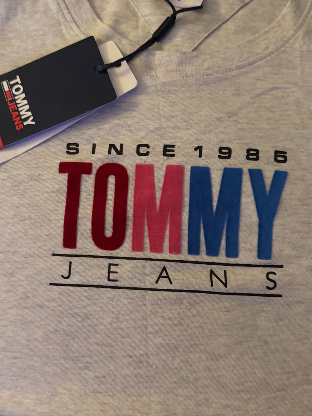 Tommy Hilfiger Light Gray Crewneck Tee with Red & Blue Logo